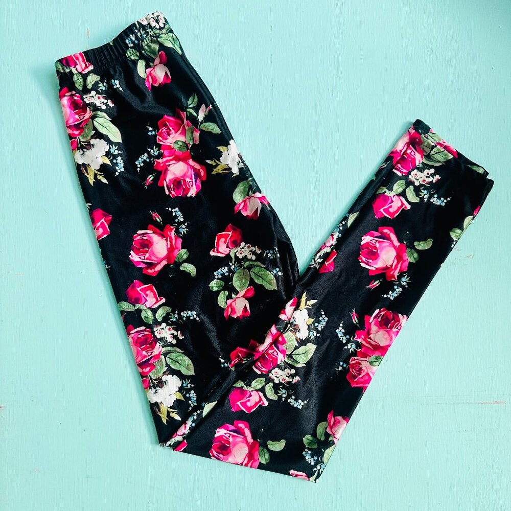 Girls Floral Leggings Size 14 Black Pink Rose Print Stretch Pants